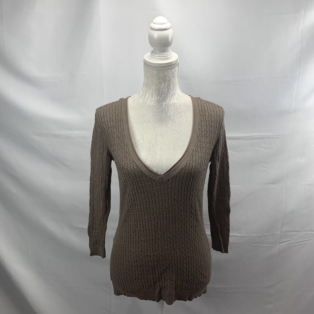 New York & Co Brown Fine Gauge Cable Knit V-neck Pullover Sweater Crop Sleeve M